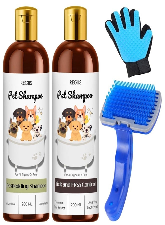 مجموعة شامبو ريجيس للحيوانات الأليفة، لإزالة الشعر الزائد ومكافحة القراد والبراغيث، 200 مل لكل عبوة مع فرشاة وقفاز للتنظيف - Image 1